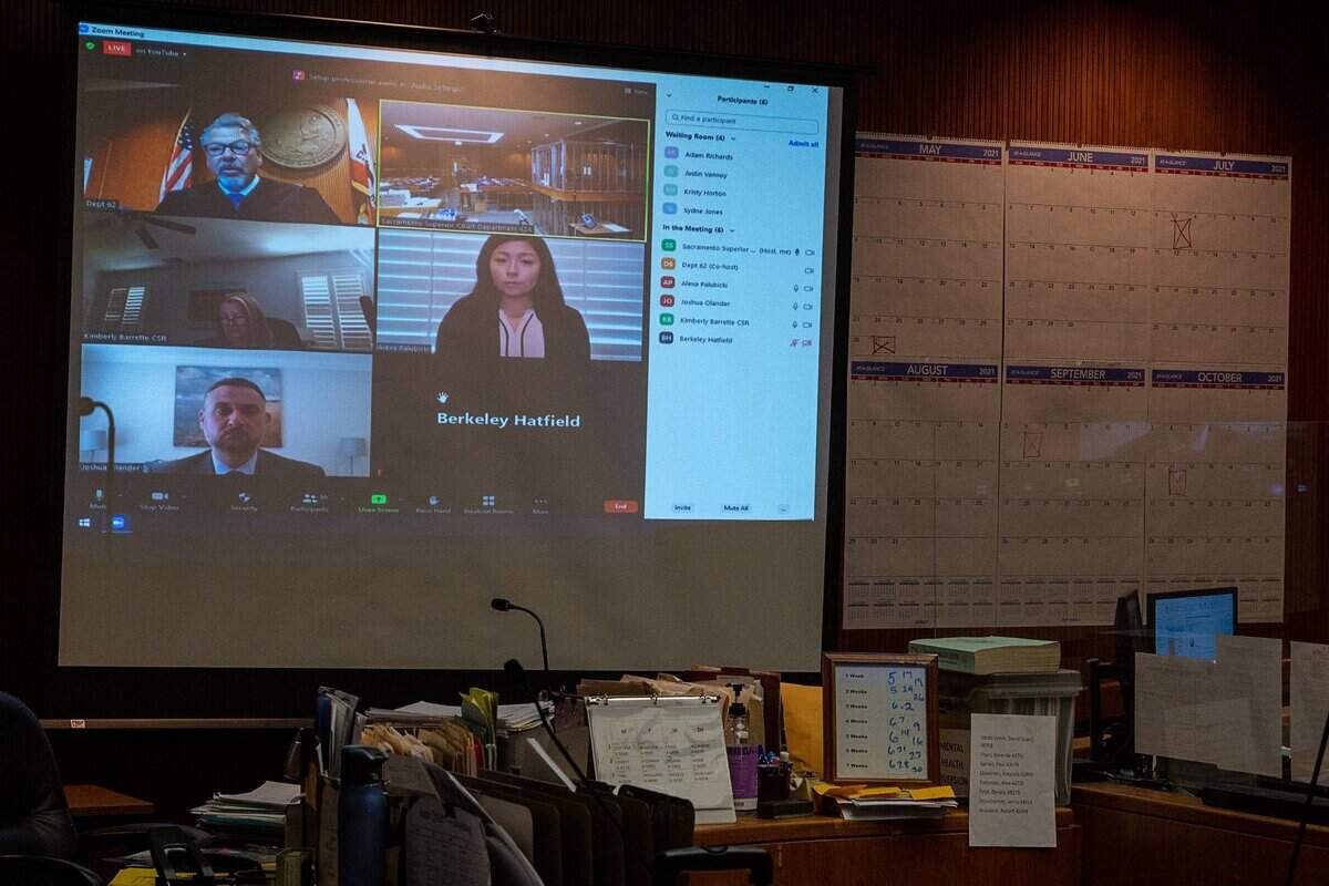 Sacramento police officer Alexa Palubicki, center, appears during a Zoom meeting in Sacramento Superior Court on Monday, May 10, 2021.