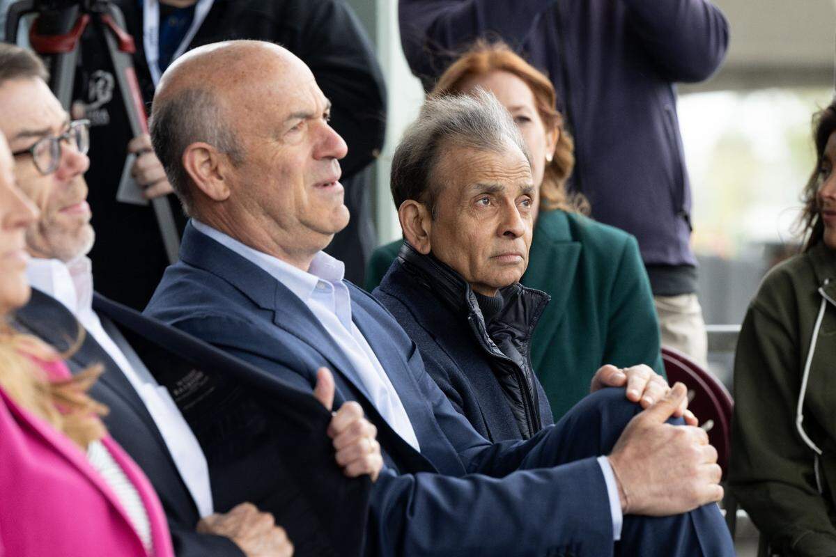 Athletics owner John Fisher sits next to Sacramento River Cats owner Vivek Ranadivé on April 4, after announcing that the A’s will relocate to West Sacramento in 2025 and play at least three seasons at Sutter Health Park before moving to Las Vegas.