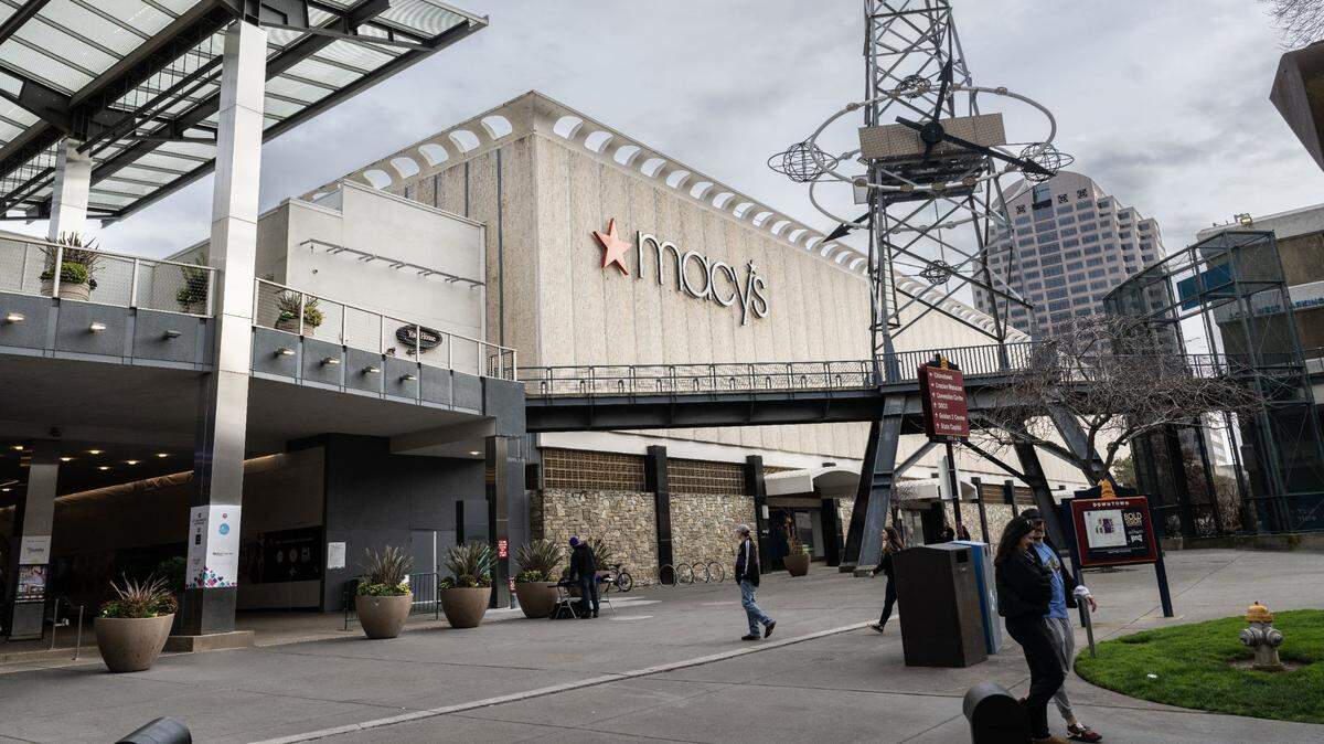 Pedestrians walk past the Downtown Commons Macy’s in Sacramento on Monday, March 4, 2024. The Shingle Springs Band of Miwok Indians has purchased the site and already owns an adjacent block, making them pivotal downtown landowners.