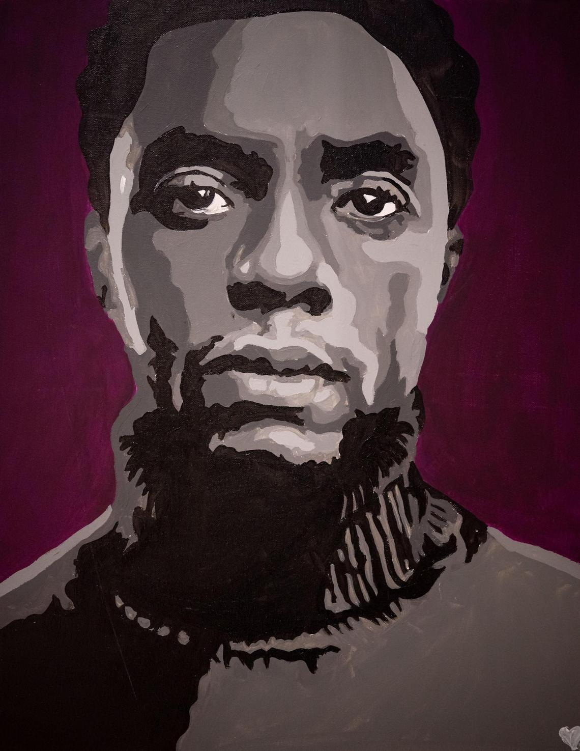 A painting of Chadwick Boseman by Shawntay Gorman, of TaystyArt, is seen in her studio at The Brickhouse Gallery & Art Complex on Wednesday, April 6, 2022, in Sacramento’s Oak Park neighborhood.