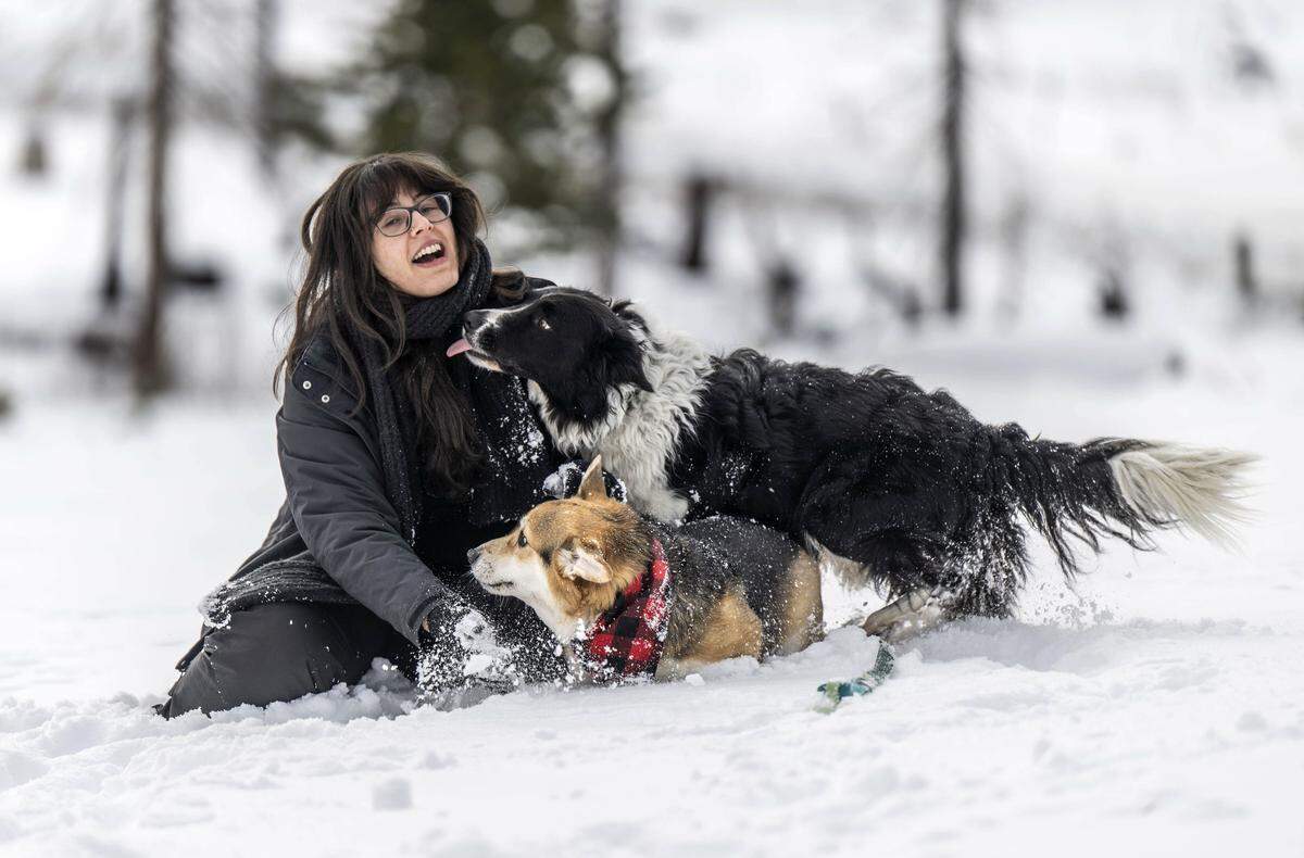 Marina Jaramillo, of Sacramento, gets some love from her dogs Jack, a border collie, and Casper, a corgi, as they play in the snow for the first time near the Phillips Station on Tuesday, Dec. 30, 2025.