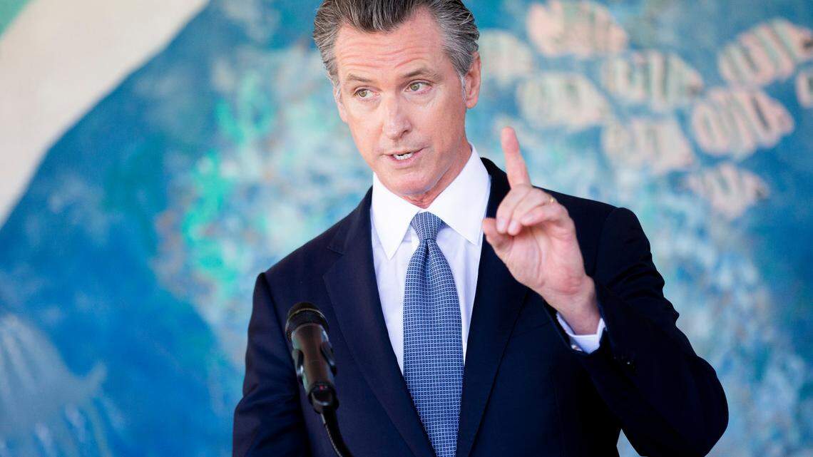 California Gov. Gavin Newsom speaks during a news conference at Carl B. Munck Elementary School, Wednesday, Aug. 11, 2021, in Oakland, Calif. Gov. Newsom announced that California will require its 320,000 teachers and school employees to be vaccinated against the novel coronavirus or submit to weekly COVID-19 testing. The statewide vaccine mandate for K-12 educators comes as schools return from summer break amid growing concerns of the highly contagious delta variant. (Santiago Mejia/San Francisco Chronicle via AP, Pool)