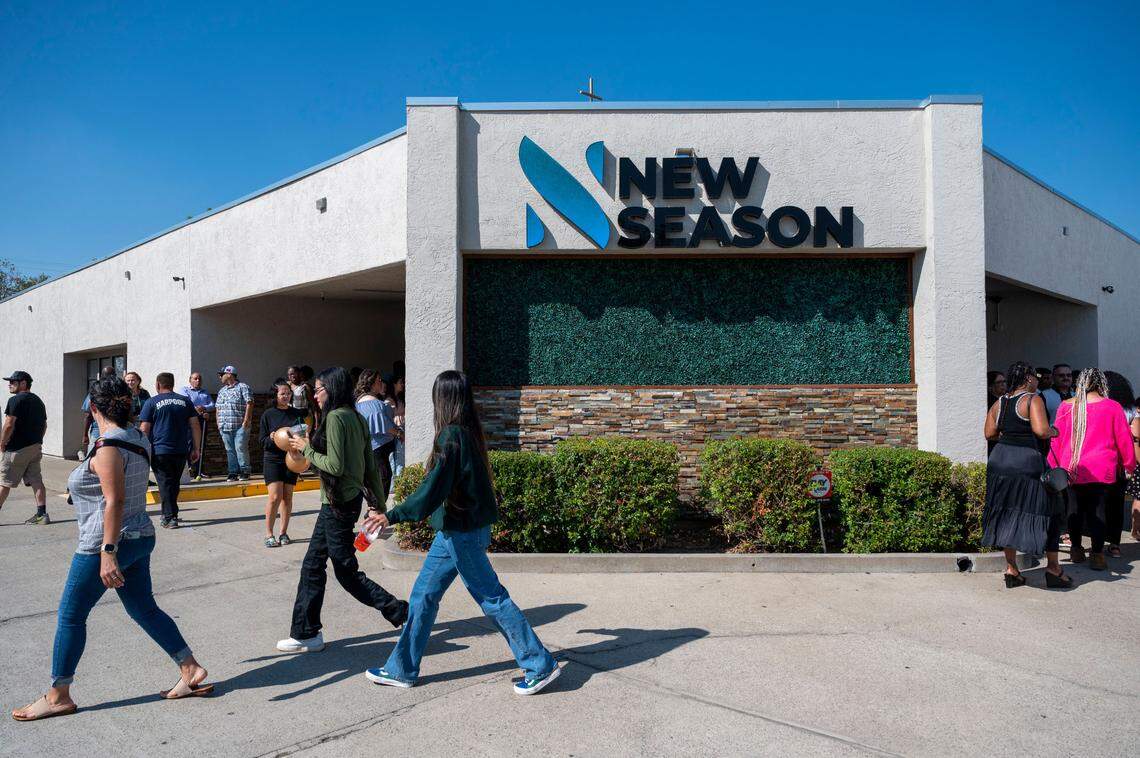 New Season Church congregation members leave after a worship service earlier this month.