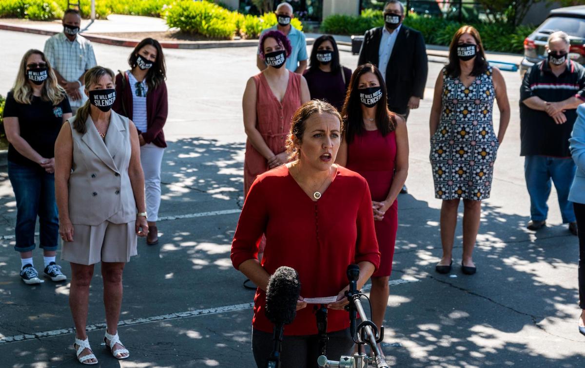 Cosumnes Community Services District Board Member Jaclyn Moreno speaks during a press conference near the Elk Grove City Council Chambers on Wednesday, Aug. 12, 2020. The speakers called for the city council to censure Elk Grove Mayor Steve Ly for a pattern of behavior of harassing and bullying women.