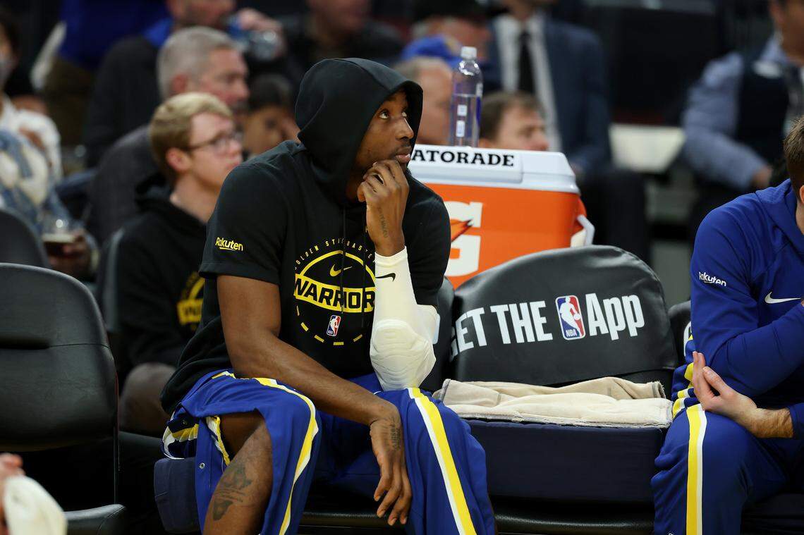 SAN FRANCISCO, CALIFORNIA - JANUARY 15: Jonathan Kuminga #1 of the Golden State Warriors sits on the the bench during their game against the New York Knicks during the second quarter at Chase Center on January 15, 2026 in San Francisco, California. NOTE TO USER: User expressly acknowledges and agrees that, by downloading and/or using this photograph, user is consenting to the terms and conditions of the Getty Images License Agreement. (Photo by Ezra Shaw/Getty Images)