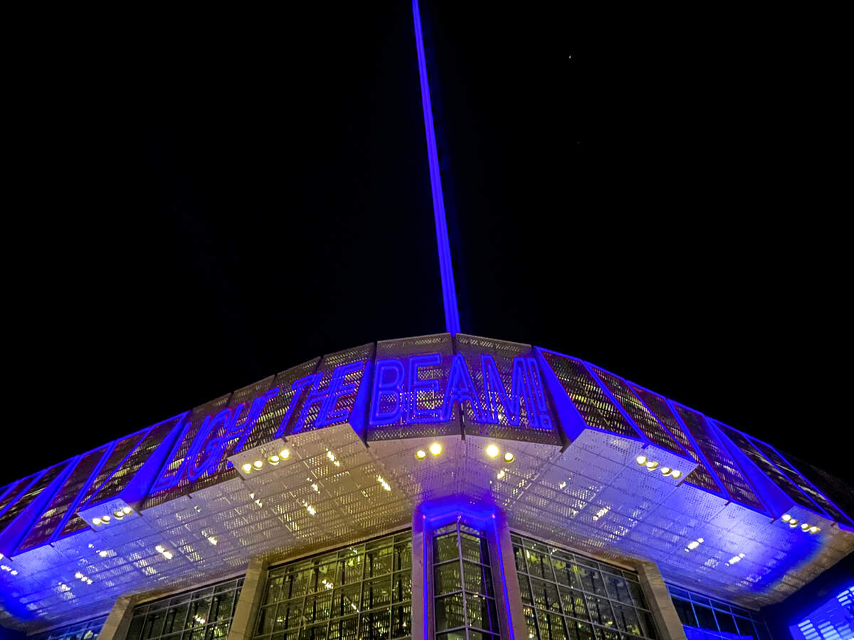 The beam shines into the sky after the Sacramento Kings beat the Orlando Magic 136-111 at Golden 1 Center in Sacramento, Monday, Jan. 9, 2023.