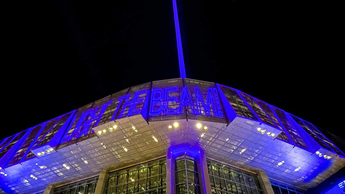 The beam shines into the sky after the Sacramento Kings beat the Orlando Magic 136-111 at Golden 1 Center in Sacramento, Monday, Jan. 9, 2023.