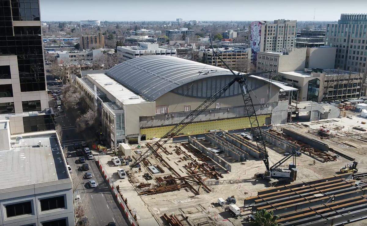 The Sacramento Convention Center, photographed by drone on Feb. 19, 2020, is undergoing a $350 million demolition and rebuild. It is scheduled to be completed next year, but the project has been challenging for surrounding hotels and other businesses.
