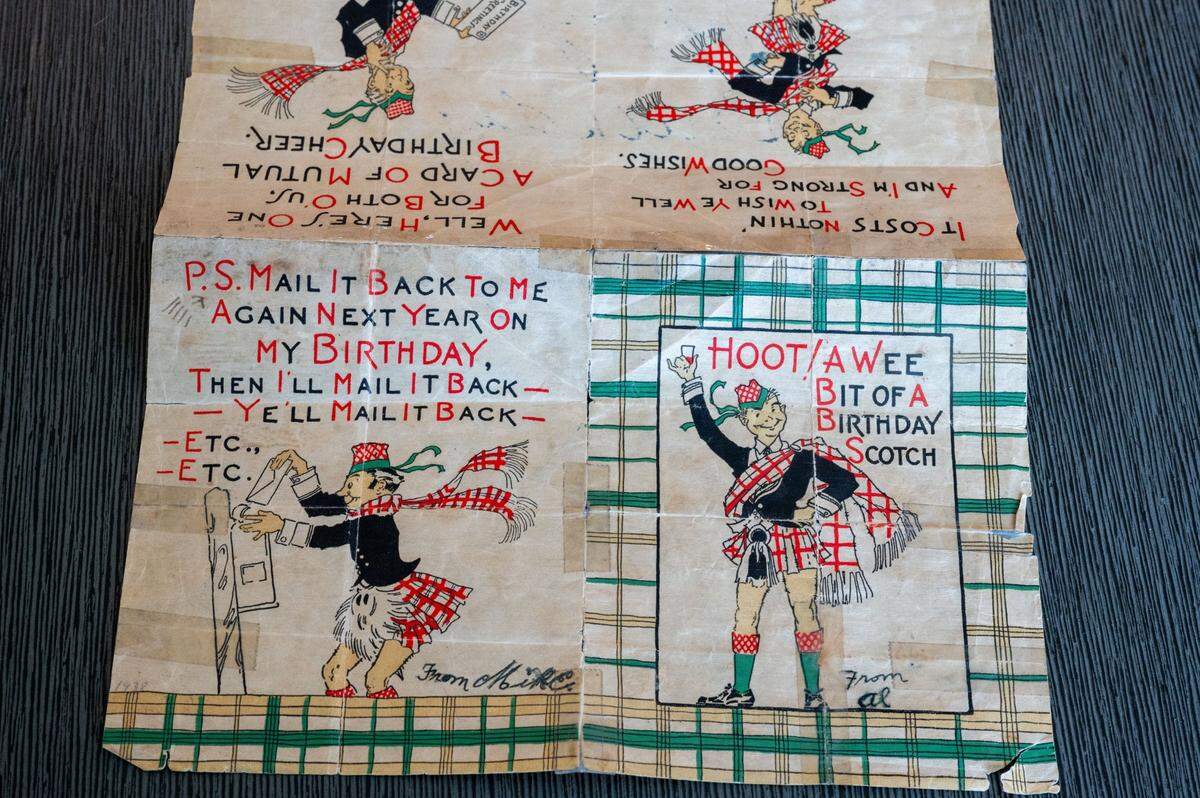 The text and illustrations on birthday card, which the Rose family has been exchanging since 1936, encourage its reuse at Tom Rose’s home in Sacramento earlier this month.