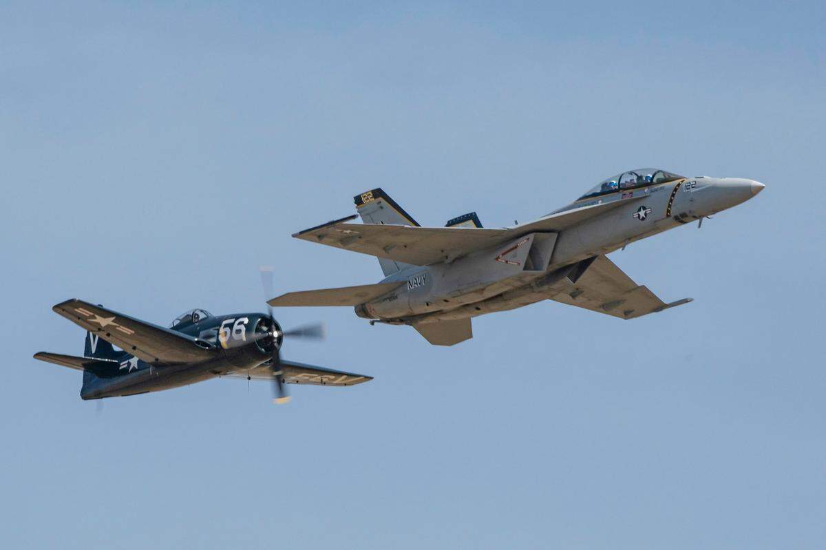 A F8F Bearcat and U.S. Navy F/A-18F “Rhino” perform at the California Capital Airshow on Sunday at Mather Airport.