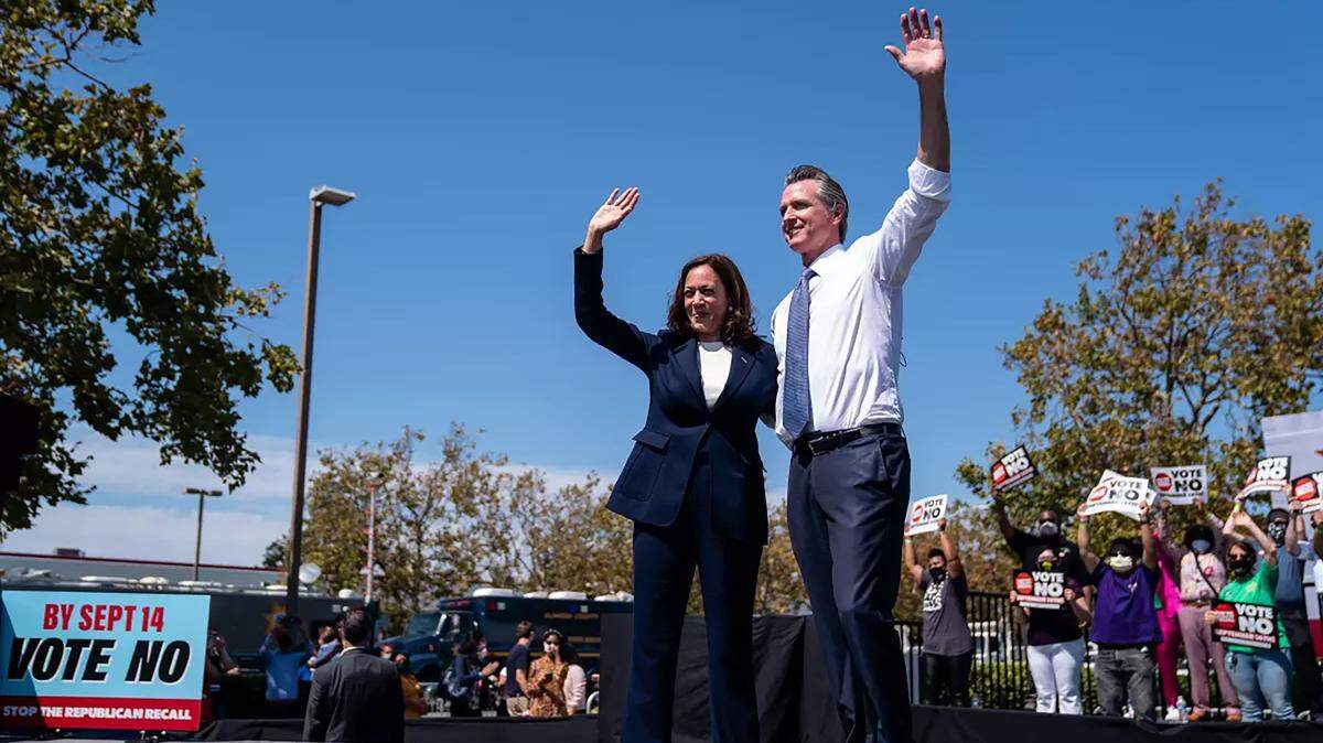 Then-vice president Kamala Harris appears with Gov. Gavin Newsom at rally against the gubernatorial recall election in 2021.  In a recent interview, Newsom rejected assertions that he doesn’t like Harris.