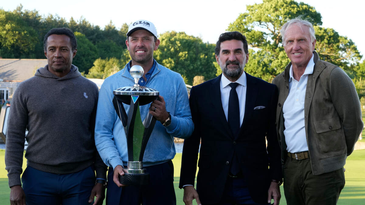 CEO of Golf Saudi Made Alsorour, golfer Charles Schwartzel of South Africa, Yassir Al Rumayyan, governor of the Saudi PIF, and Greg Norman pose after the inaugural LIV Golf Invitational at the Centurion Club in St Albans, England, Saturday, June 11, 2022.