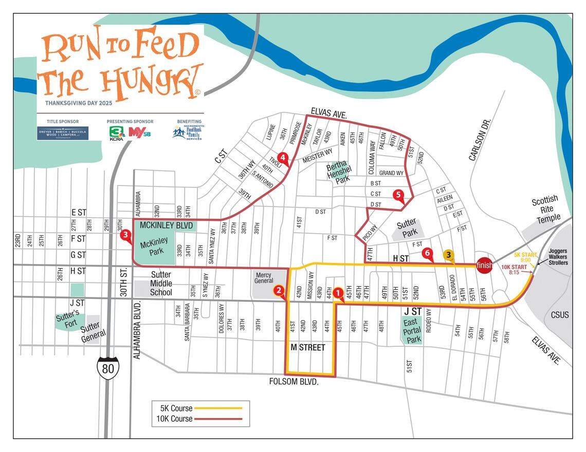 A map shows the route for Run to Feed the Hungry in East Sacramento on Fr