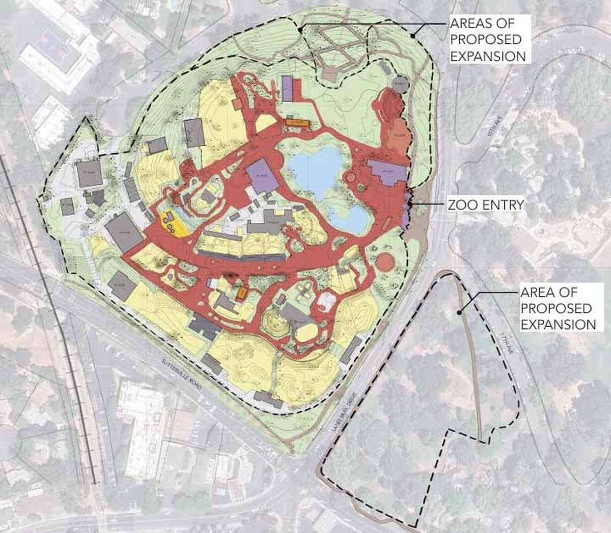 A diagram of the Sacramento Zoo in William Land Park shows the proposed northern and eastern expansion areas relative to the zoo’s existing footprint.