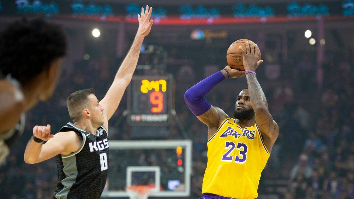Los Angeles Lakers forward LeBron James (23) hits a jumpsuit over Sacramento Kings forward Nemanja Bjelica (88) in the second half in Saturday nights NBA game between the Sacramento Kings and Los Angeles Lakers on November 10, 2018 at the Golden 1 Center in Sacramento.