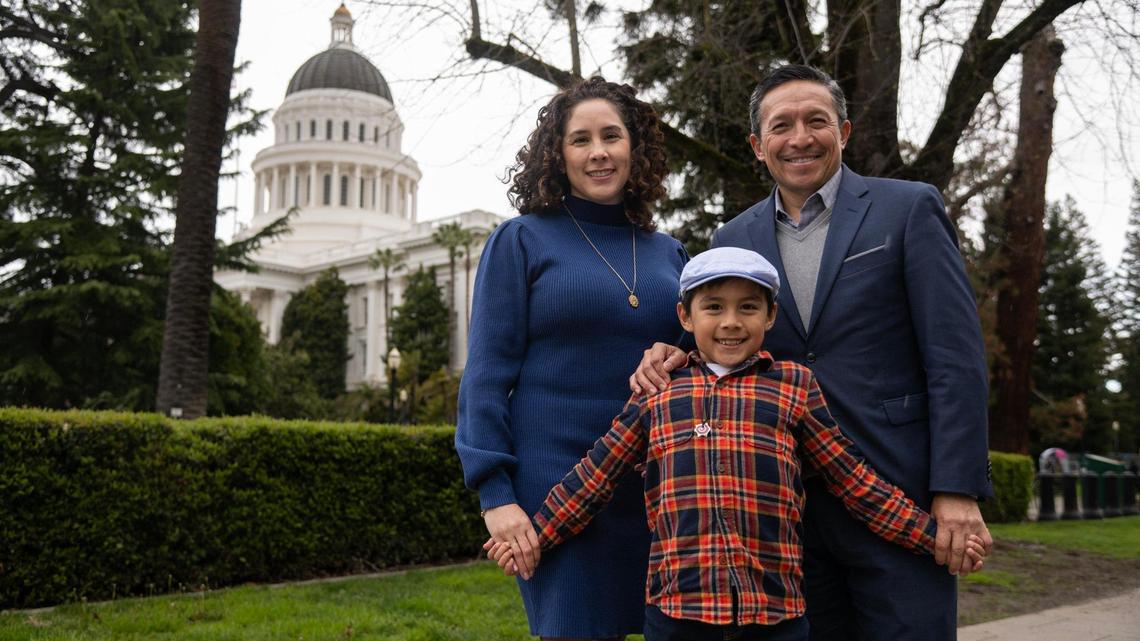 Pablo and Nancy Chaires Espinoza stand at the state Capitol with their son Nicolás on March 21, 2023. Because of state rules, the accent marks in Nicolás’ name were omitted on his birth certificate – something that would be changed by Assembly Bill 64.