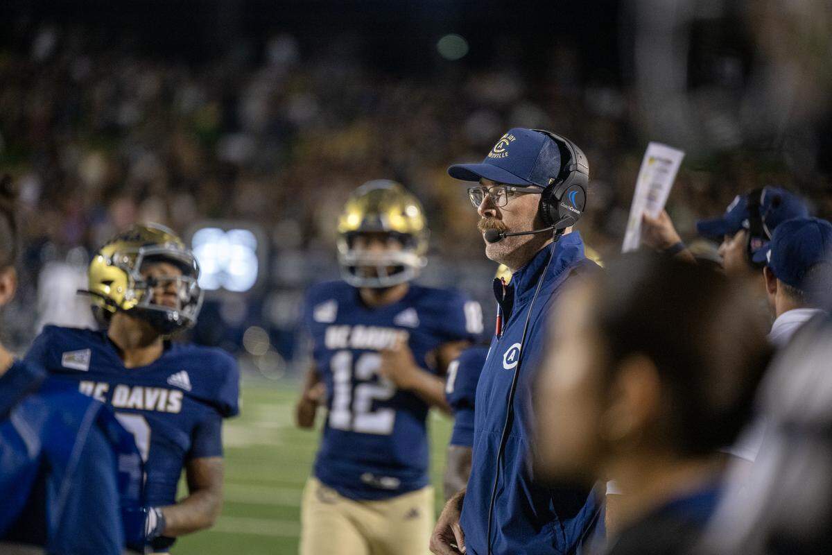 UC Davis Aggies head coach Tim Plough watches the action against Southern Utah Thunderbirds on Sept. 20.