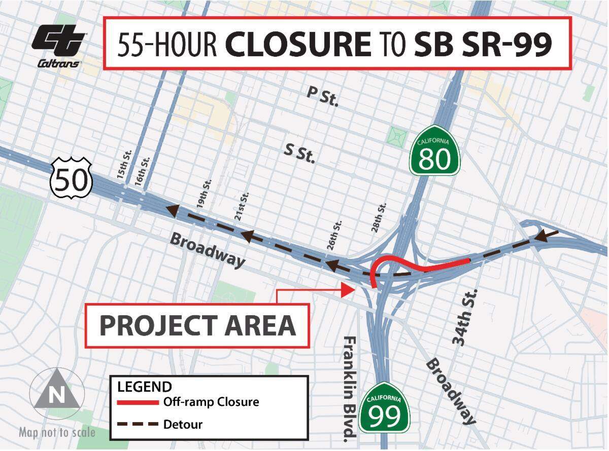 The westbound Highway 50 connector to southbound Highway 99 will close for 55 hours due to construction starting on Friday, March 21, 2025, according to the California Department of Transportation.