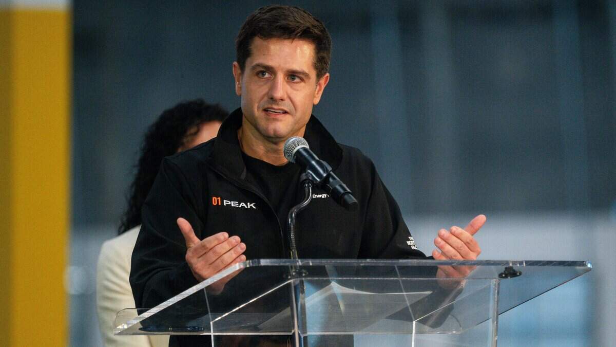 Landon Mossburg, CEO and co-founder of Peak Energy, speaks at a news conference announcing a new battery plant in Sacramento County on Wednesday, July 8, 2026.