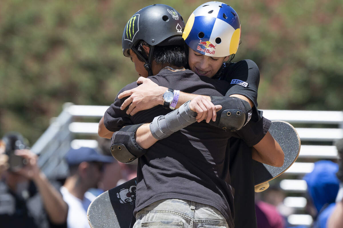 Competitors JD Sanchez and Gui Khury embrace after Sanchez fell during the Moonpay Men’s Skateboard Vert final as a part of X Games Sacramento at Cal Expo in Sacramento on Sunday, June 28, 2026.