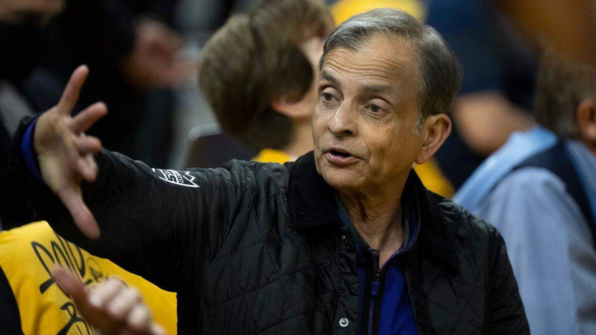 Sacramento Kings owner Vivek Ranadivé talks before Game 6 of the first-round NBA playoff series against the Warriors at Chase Center in April.