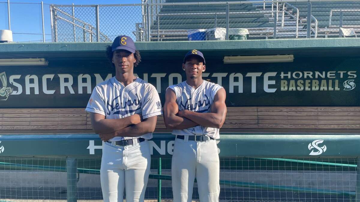Alex Parish, left, and JaLon Johnson played Sunday on the Newark Eagles together in the 3rd annual honorary Negro League baseball game at Sacramento State’s John Smith Field.