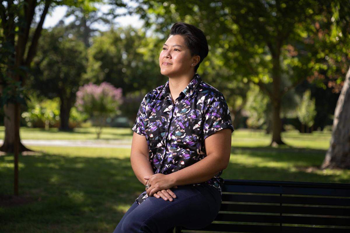 Elena Santamaria poses for a portrait last month in downtown Sacramento. She’s the daughter of a Mexican father and Vietnamese mother and says she’s come to terms with the different sides of her identity.