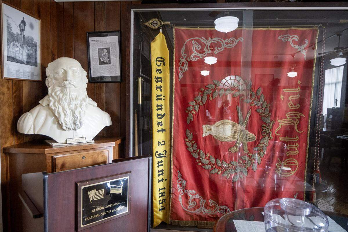 An 1868 flag created by the woman’s auxiliary for the Sacramento Turn Verein hangs in the club's library at Turner Hall.