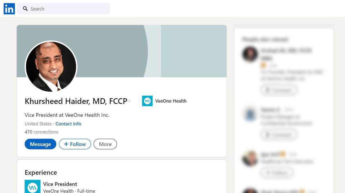 Khursheed Haider’s profile is seen on the business social network LinkedIn. The Roseville-based pulmonologist was arrested and charged with possession of child pornography.