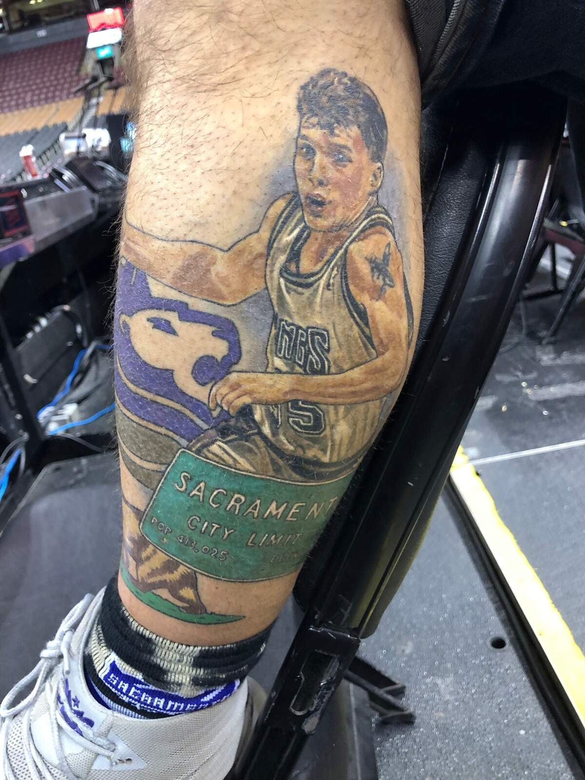 Kings fan Danny Williamson has this tattoo on his left calf. It features former point guard Jason Williams, the Kings’ current logo with a lion atop a basketball, the Sacramento city limit sign and the bear on the California Republic flag.