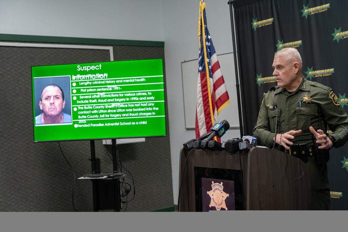 Butte County Sheriff Kory Honea speaks at a Thursday, Dec. 5, 2024, press conference about Glenn Litton, the 56-year-old homeless man who was the alleged gunman found dead Feather River Adventist School near Oroville where two kindergartners were shot.