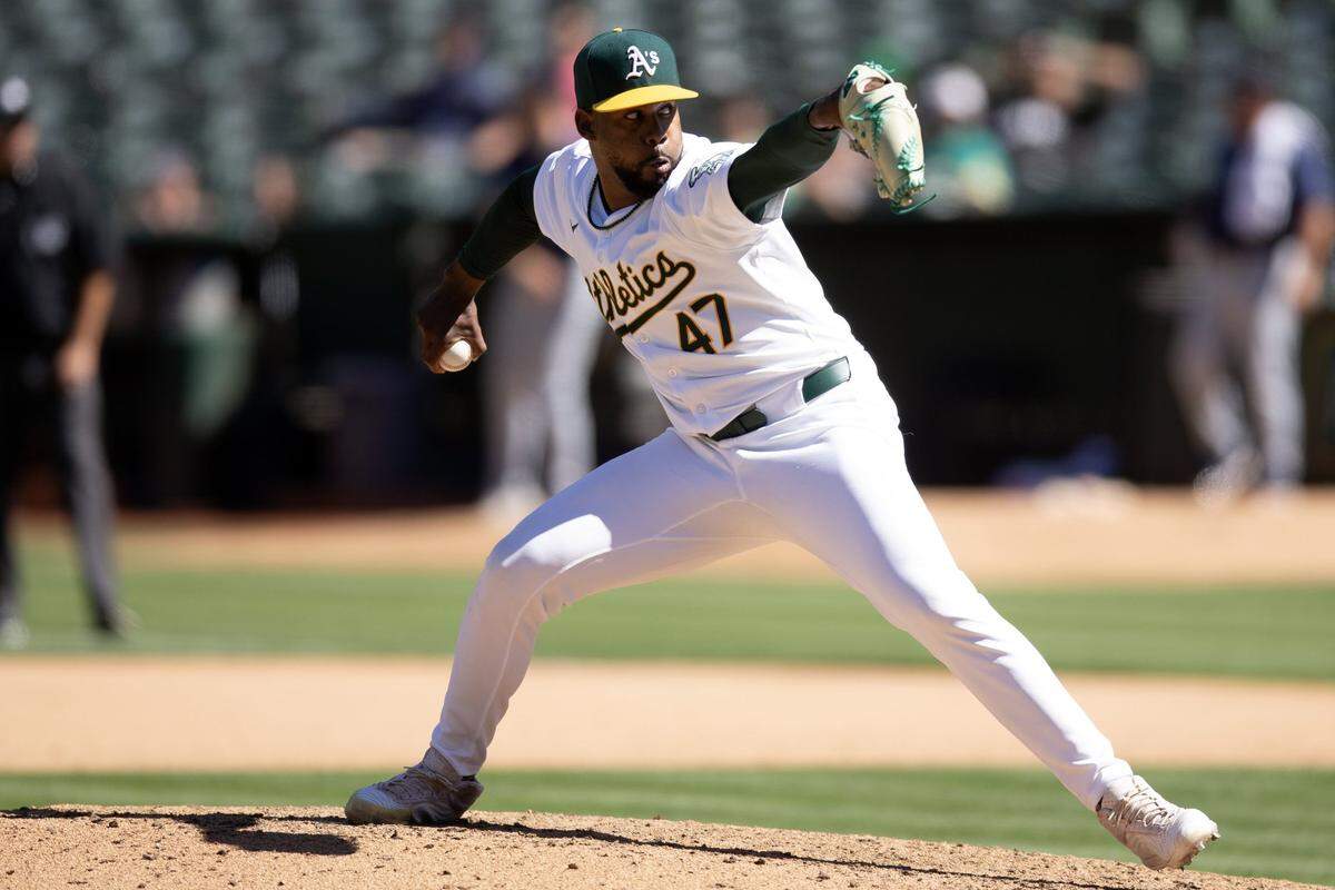 Sep 5, 2024; Oakland, California, USA; Oakland Athletics pitcher Michel Otañez (47) delivers a pitch against the Seattle Mariners during the eighth inning at Oakland-Alameda County Coliseum. Mandatory Credit: D. Ross Cameron-Imagn Images
