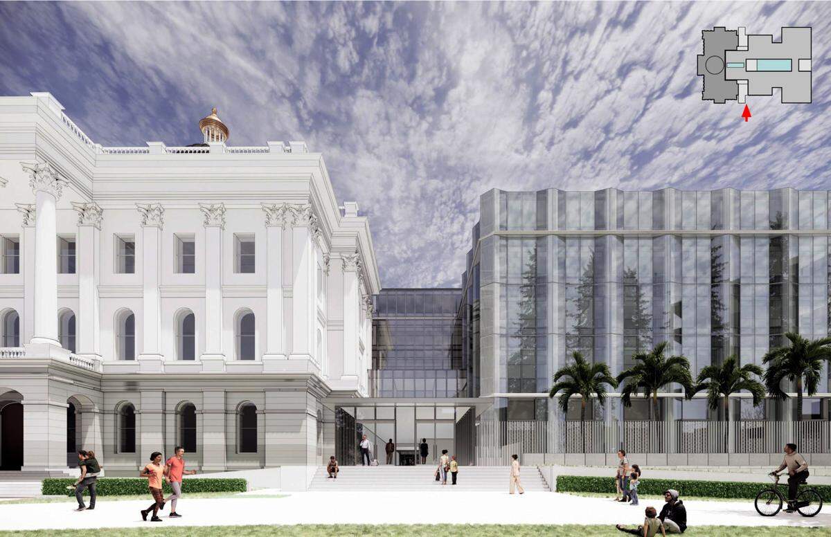 A rendering from the Capitol Annex environmental impact report shows a view from the south depicting how the new annex would connect to the historic structure.