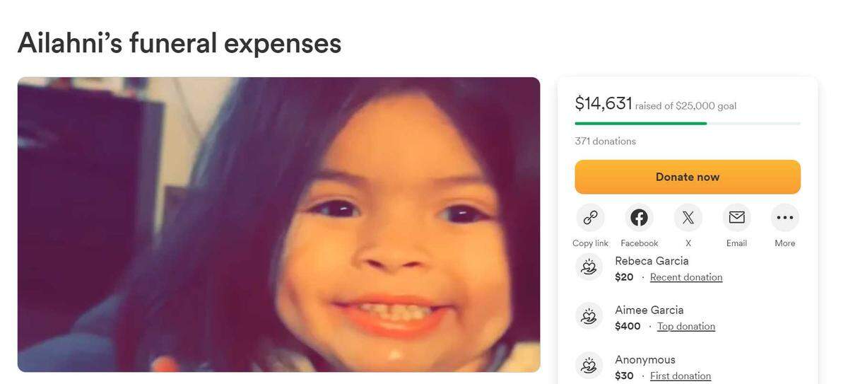 Ailahni Sanchez Martinez, 2, was killed by a Black Dodge truck parked at a Woodland gas station on Saturday, police said. Her family is seeking GoFundMe donations, calling her “our little princess.”