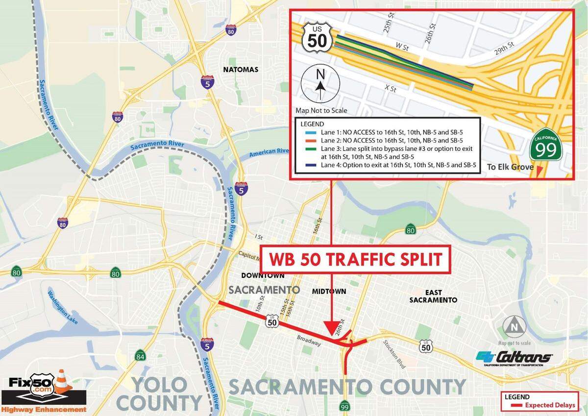 Caltrans split westbound lanes of the W-X portion of Highway 50 after the 26th Street exit. The split is in effect until possibly early September.