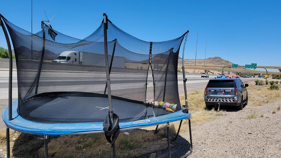 The trampoline was carried away by a “powerful dust devil.”