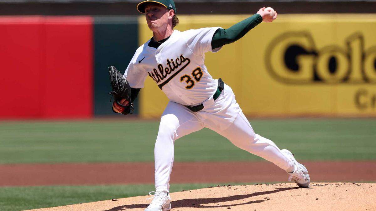 Athletics pitcher JP Sears delivers a pitch in the first inning against the Cleveland Guardians at Sutter Health Park in West Sacramento on Sunday, June 22, 2025.