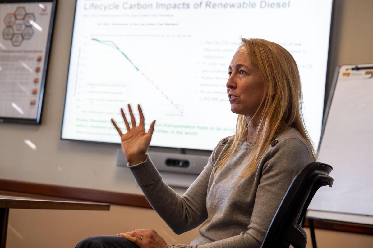 Jolie Rhinehart, general manager at the Phillips 66 refinery in Rodeo, speaks last month about the company shifting from processing crude oil to renewable fuels — including sustainable aviation fuel — at the Contra Costa County refinery.