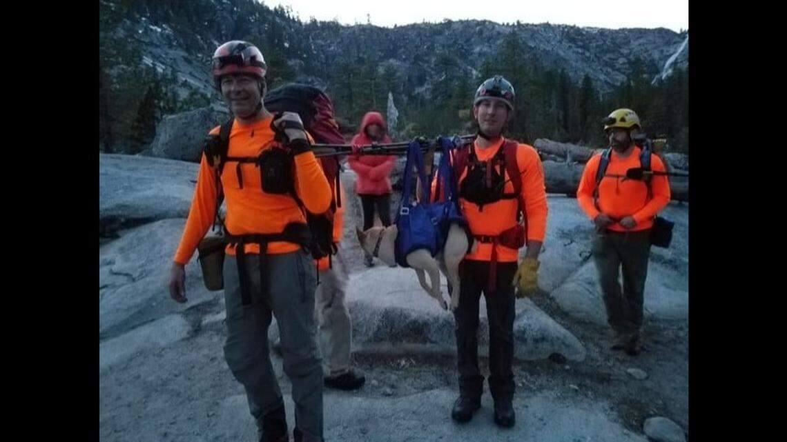 Courtney Leasure got lost in Desolation Wilderness near Lake Tahoe, California, while hiking with her dog, Marley. El Dorado County Sheriff’s Department searchers rescued them and carried Marley out on a sling.