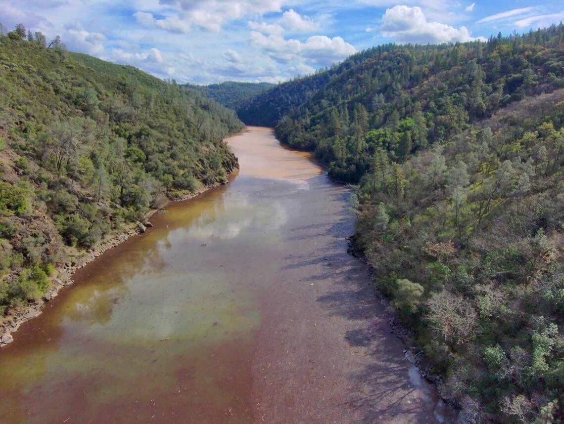 An aerial view shows the Yuba River where it meets Englebright Lake along the Nevada and Yuba County line near Dobbins on Sunday, Feb. 15, 2026. 