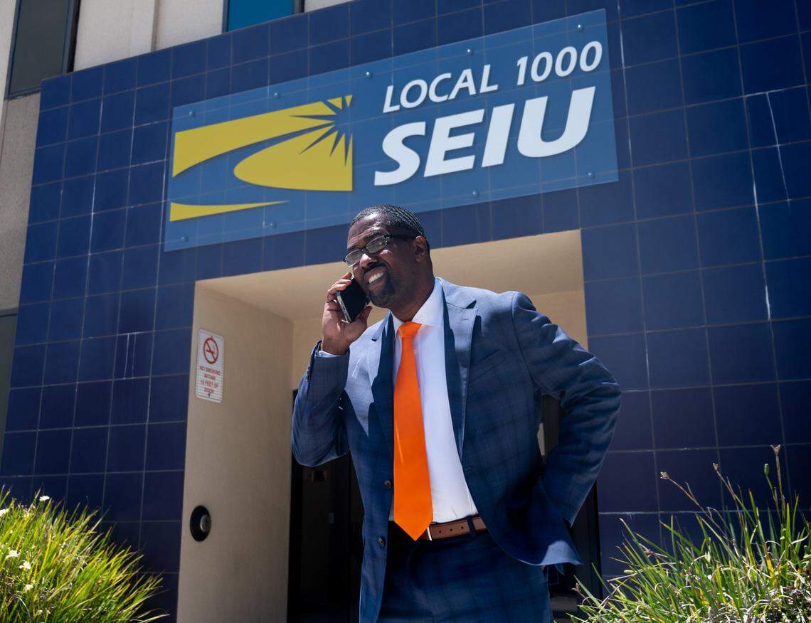 Richard Louis Brown stands in front of at SEIU Local 1000 before his swearing in as president of the organization on June 27, 2021. On Sunday, he was locked out by three union vice presidents because Brown “posed an immediate threat to the welfare of Local 1000.”