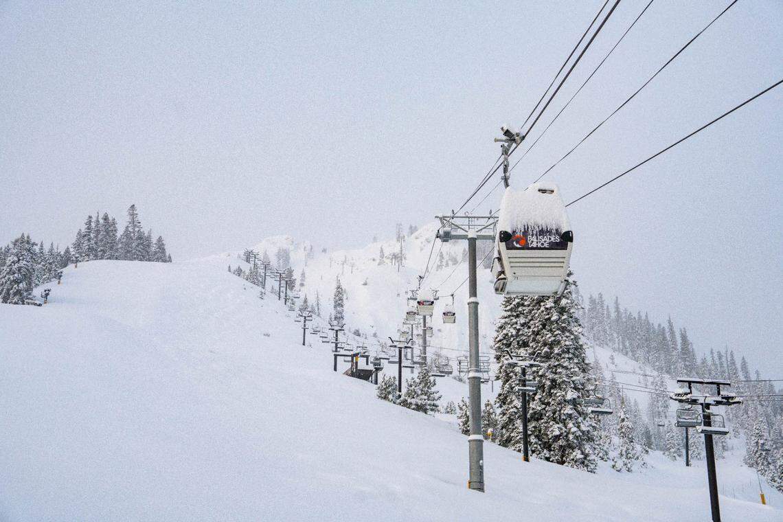 A gondola at Palisades Tahoe was covered in new snow on Thursday, March 13, 2025. Season passes for Palisades Tahoe, through the Ikon Pass, are now on sale for the 2026-2027 season.