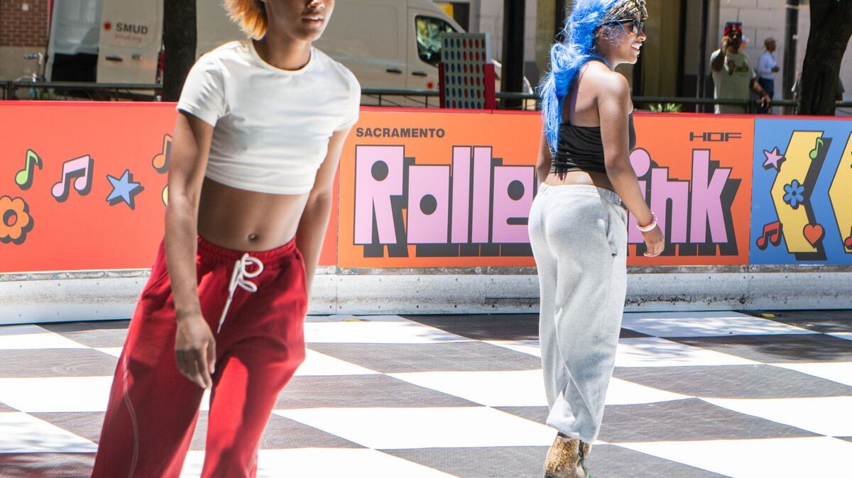 Roller skater are seen at the Downtown Roller Rink in downtown Sacramento’s Ali Youssefi Square on Friday, June 28, 2024. The square is site to one of the entertainment zones that the city approved weeks ago.