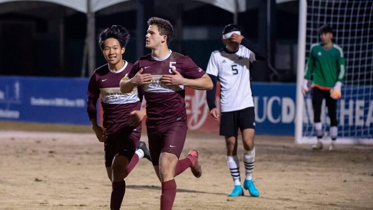 The Whitney Wildcats Brayden Goularte (5) celebrates after scoring his third goal against Modesto during the CIF Sac-Joaquin Division I boys’ soccer championship Thursday, Feb. 24, 2022, at Heart Health Park in Sacramento. Goularte had a hat trick. The Wildcats won 5-0.