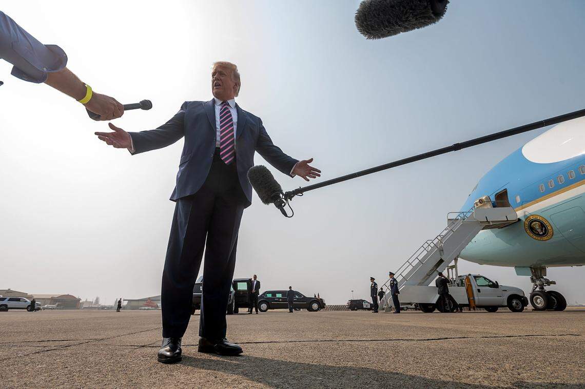 Then-President Donald Trump speaks to the media at Sacramento McClellan Airport in September 2020, before meeting with California Gov. Gavin Newsom and state officials to discuss wildfires.