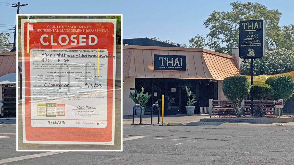 A closure sign is posted on the front door of T.H.A.I - The House of Authentic Ingredients at 4701 H St. in East Sacramento. The restaurant was shut down after five failed inspections revealed cockroach infestation.