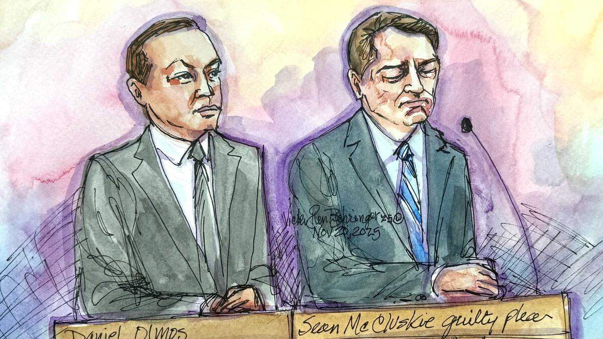 Sean McCluskie, right, appears in federal court in Sacramento on Thursday alongside his attorney, Daniel Olmos. McCluskie, a former top aide to Xavier Becerra, pleaded guilty to conspiracy to commit bank and wire fraud in a scheme to funnel $225,000 in campaign funds to a no-show job for his wife.