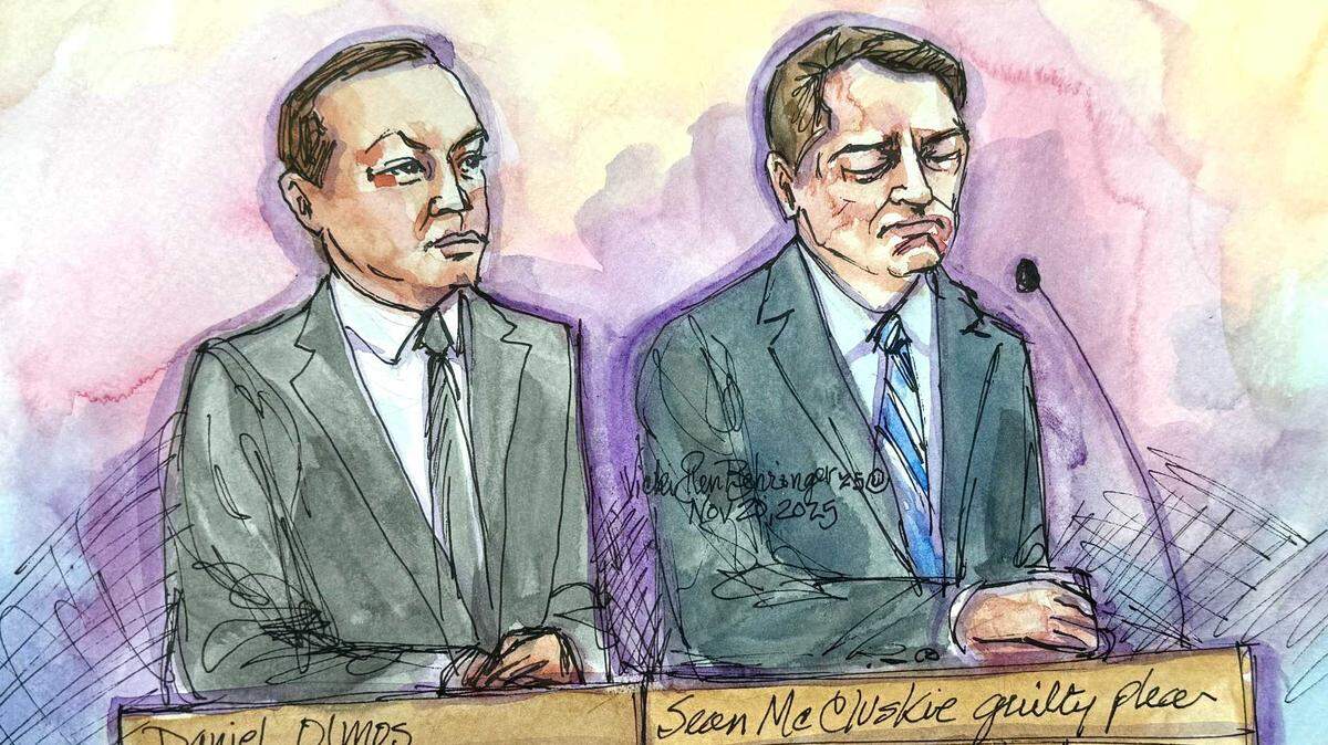 Sean McCluskie, right, appears in federal court in Sacramento on Thursday, Nov. 20, 2025, alongside his attorney, Daniel Olmos. McCluskie, a former top aide to Xavier Becerra, pleaded guilty to conspiracy to commit bank and wire fraud in a scheme to funnel $225,000 in campaign funds to a no-show job for his wife.