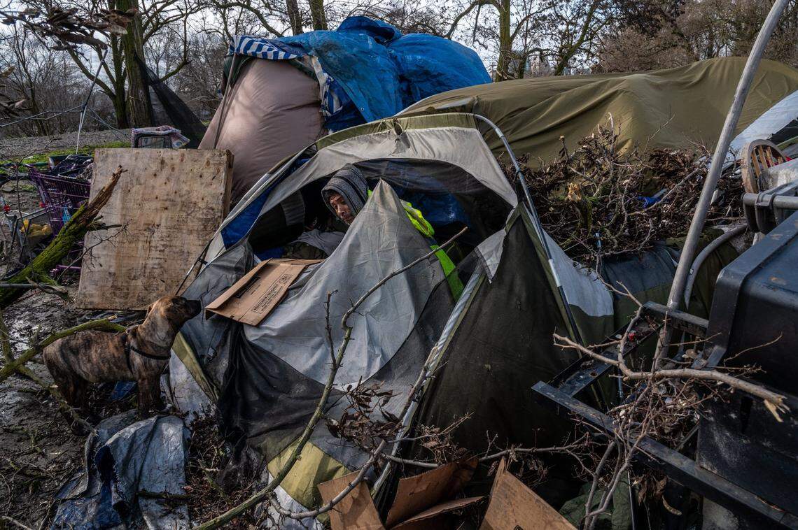 Justace Keylo’s tent was damaged by falling branches and wind in a homeless encampment near Basler and North 18th streets in Sacramento on Wednesday, Jan. 27, 2021. City and county officials in Sacramento did not open warming centers Tuesday night to shelter the homeless, leaving many with nowhere to go amid torrential rain and dangerous winds that destroyed encampments and injured some of the city’s most vulnerable.
