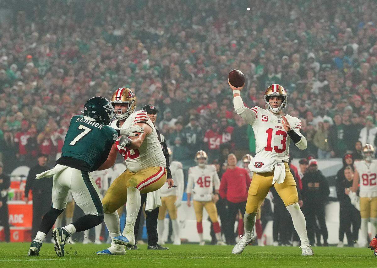 San Francisco 49ers quarterback Brock Purdy throws a pass during the second quarter in the game against the Philadelphia Eagles at Lincoln Financial Field on Dec. 3, 2023, in Philadelphia.
